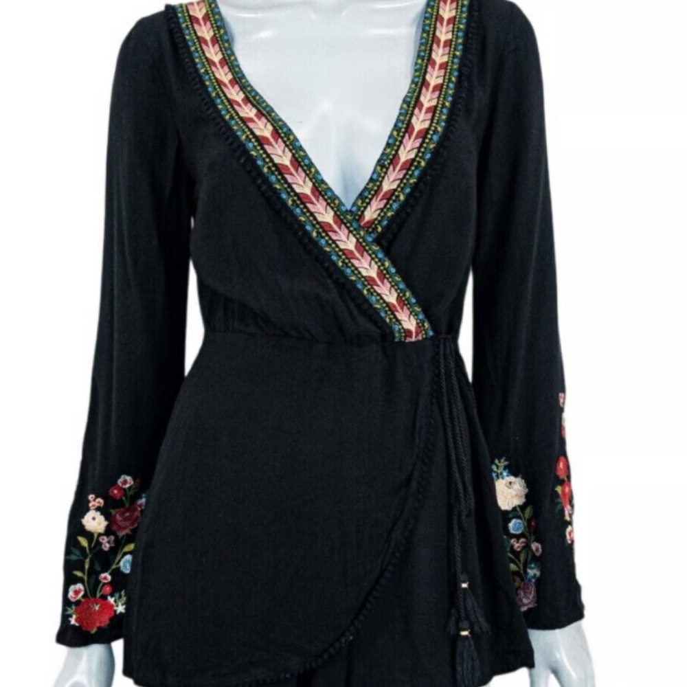 Farm Rio Embroidered Black Romper M